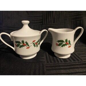 Christmas Holly Berry creamer and lidded sugar bowl set